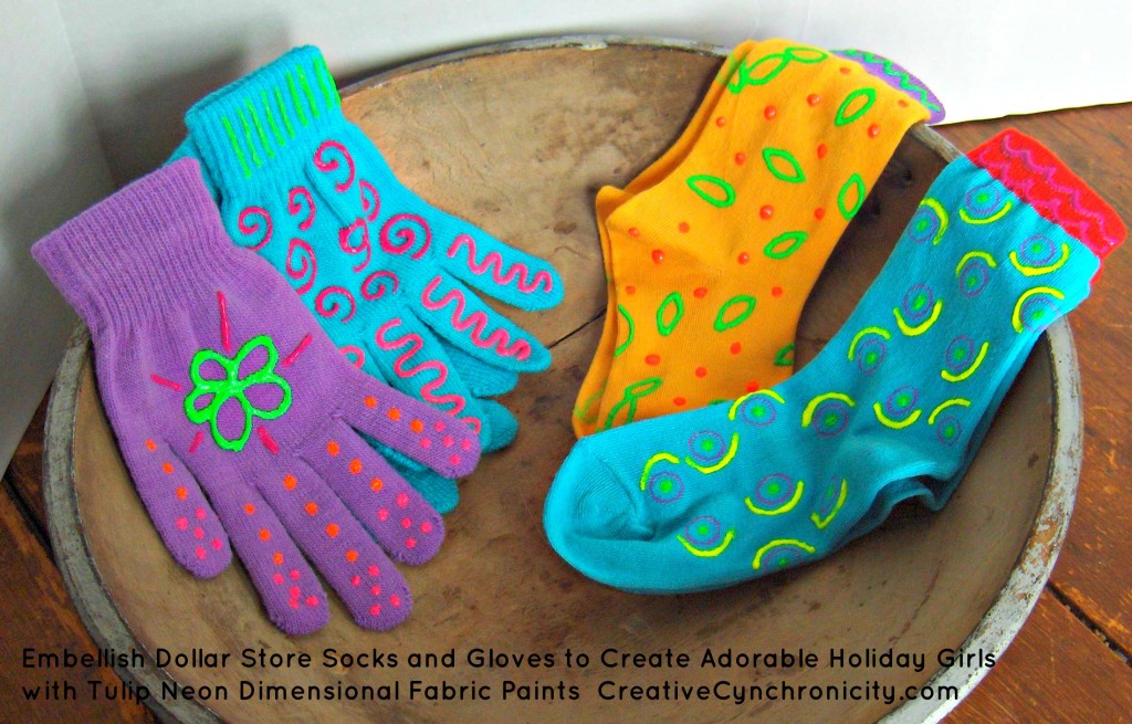 Turning dollar store socks and gloves into adorable holiday gifts with iLoveToCreate and Tulip Neon Dimensional Fabric Paints at CreativeCynchronicity.com Turning dollar store socks and gloves into adorable holiday gifts with iLoveToCreate and Tulip Neon Dimensional Fabric Paints at CreativeCynchronicity.com