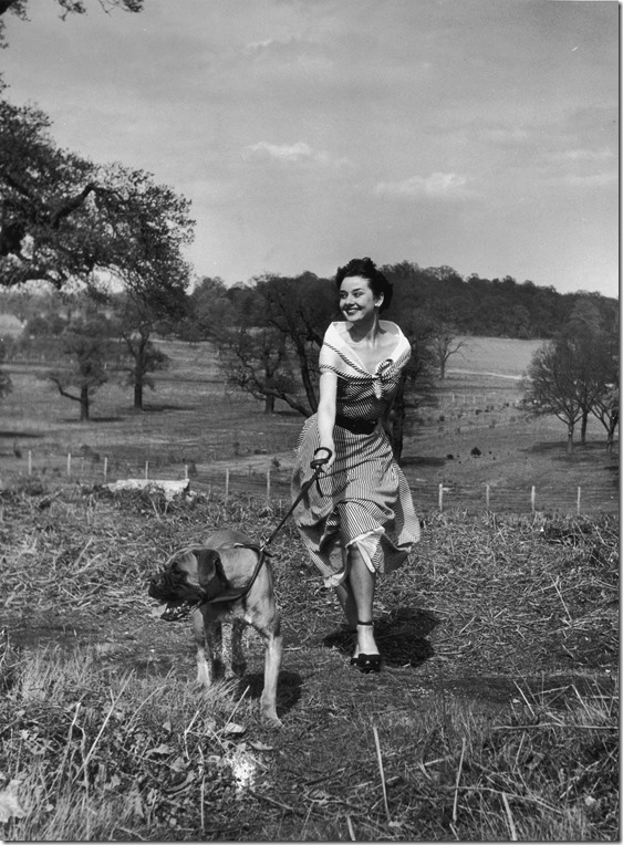 Actress Audrey Hepburn (1929 - 1993) exercising her dog in Richmond Park after a strenuous season in the London revue 'Sauce Piquante', 13th May 1950. Picture Post - 5035 - We Take A Girl To Look For Spring - pub. 1950 (Photo by Bert Hardy/Hulton Archive/Getty Images)