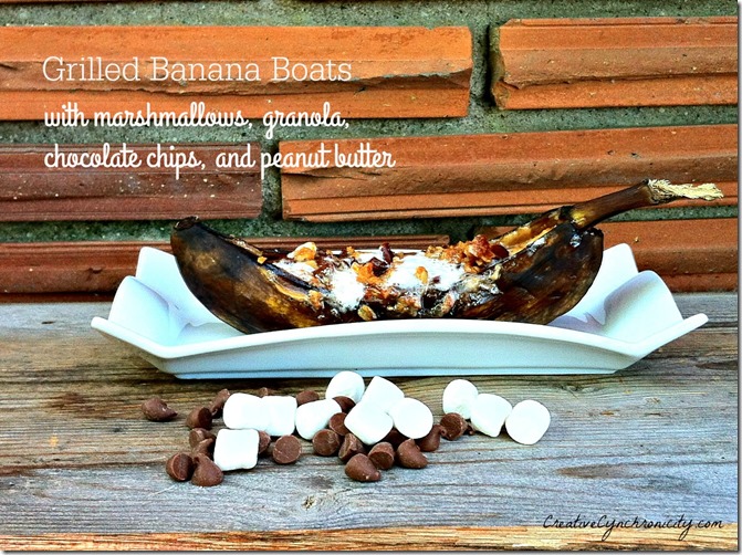 grilled banana boats recipe with marshmallows, granola, chocolate chips, and peanut butter