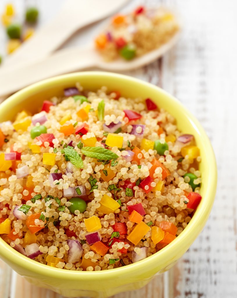 easy quinoa salad recipe with edamame, onions, bell peppers, basil